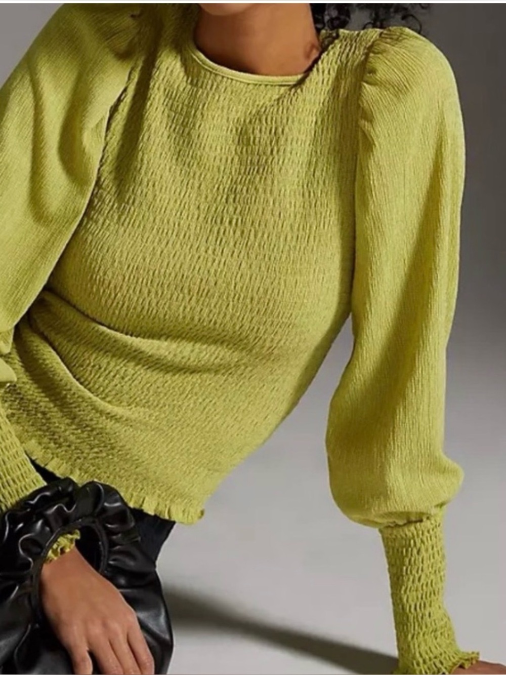 Anthropologie Textured Smocked Puff Sleeve Blouse Guacamole Green XL Long-Sleeve - Picture 2 of 16